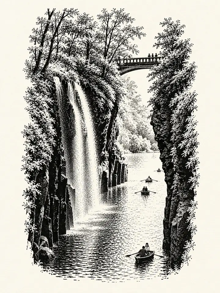 Black ink study of a waterfall, cliff-lined waterway, bridge and rowboats.