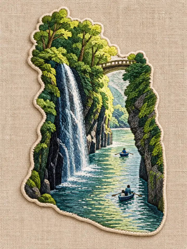 Embroidered Patch interpretation of a waterfall, gorge and selected rowboats.