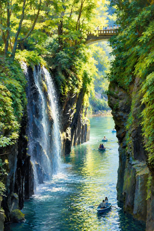 瀑布、綠色峽谷、橋與划船的滿版風景油畫。