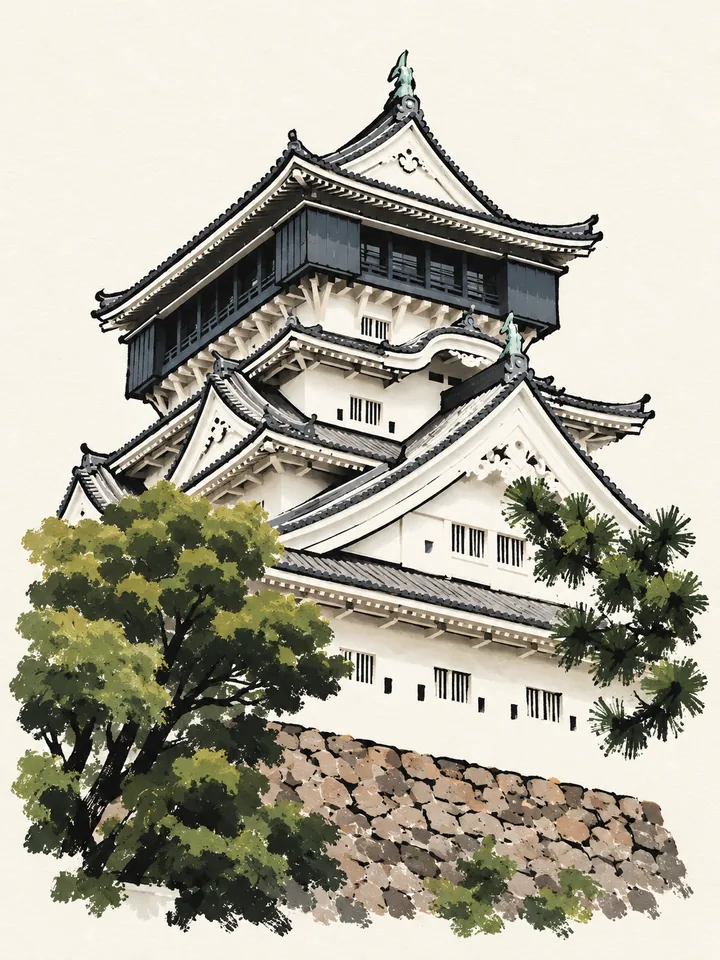 Tiered Japanese-style castle in bold ink contours with limited gouache color.