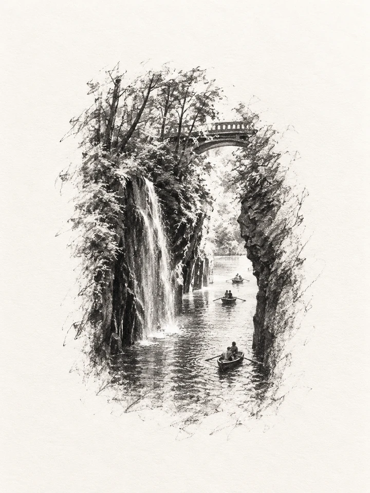 Fading Charcoal interpretation of a waterfall, gorge, bridge and rowboats.