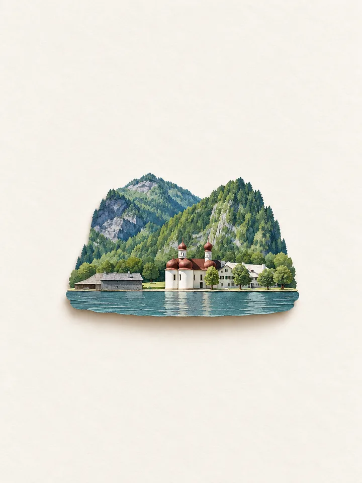Paper diorama of a lakeside building with two red-domed towers, a shed, neighboring buildings and forested cliffs.