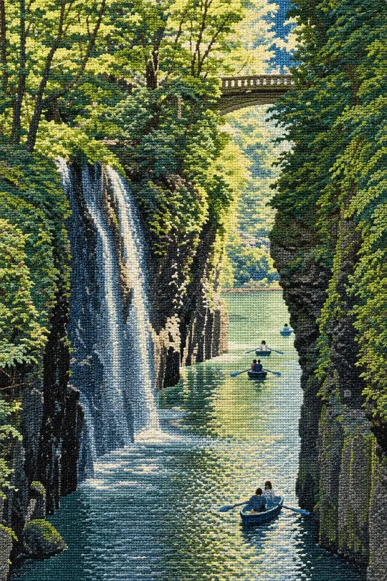 Woven Memory interpretation of a waterfall, green gorge, bridge and rowboats.