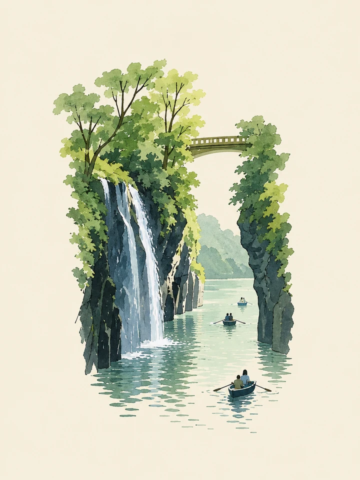 Minimal Field Study interpretation of a waterfall, green gorge, bridge and rowboats.
