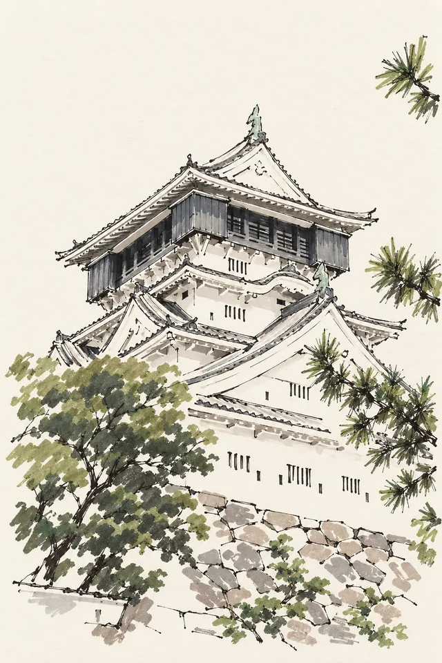 Travel sketch of a tiered Japanese-style castle, pine branches, trees and a stone wall.