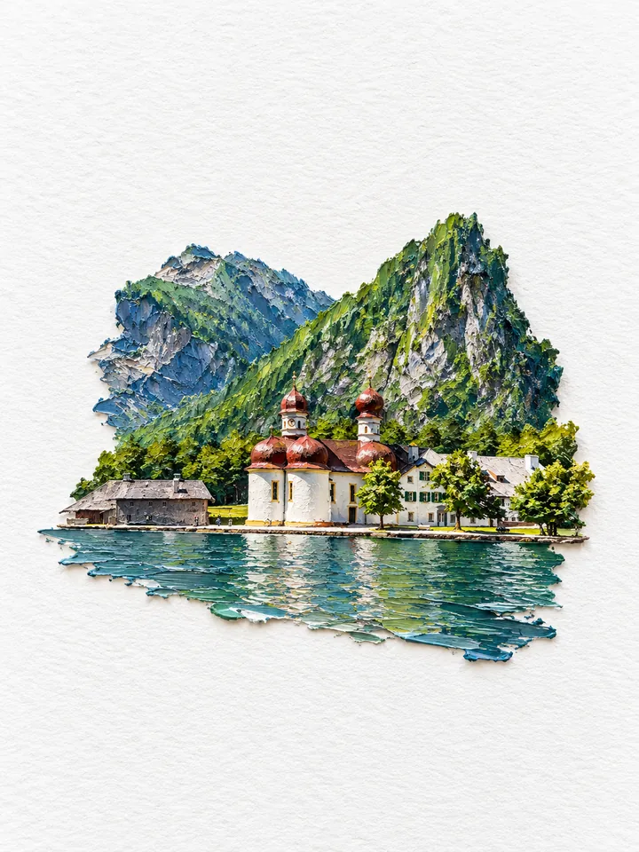 湖畔紅色圓頂塔樓、建築與森林岩壁的立體油彩微景。
