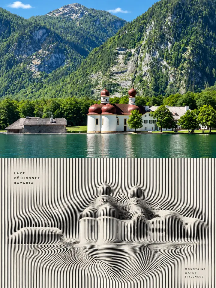 湖畔建築與山景的光柵浮雕海報。