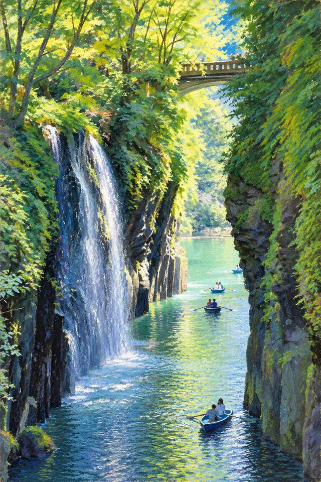 Soft Pastel interpretation of a waterfall, gorge and selected rowboats.