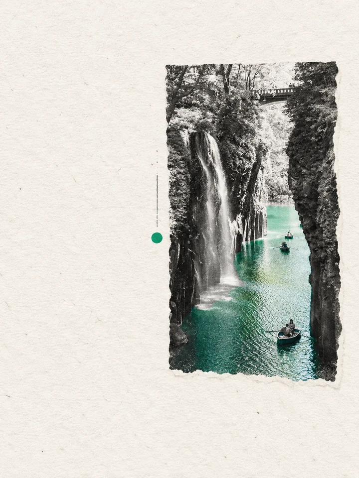 Zine Fragments interpretation of a waterfall, green gorge, bridge and rowboats.