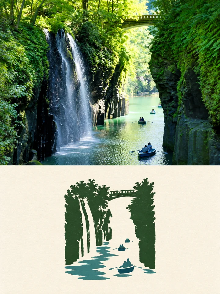 Paper Relic interpretation of a waterfall, gorge, bridge and rowboats.