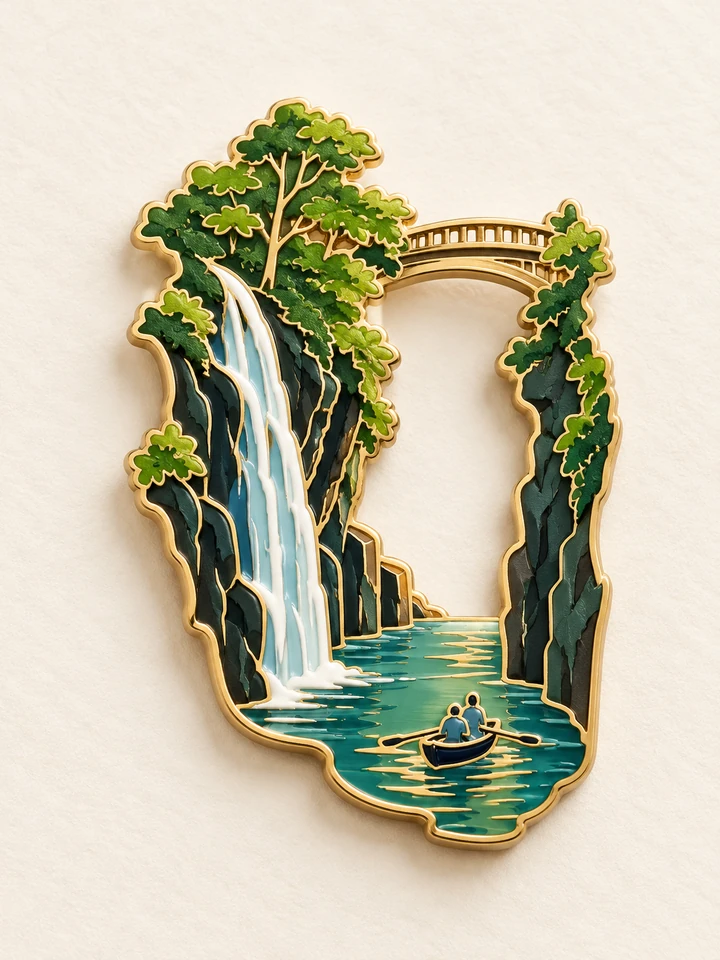 Enamel Keepsake interpretation of a waterfall, gorge and selected rowboats.